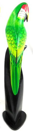 Green Wooden Parrot Bird on Stand Sculpture Carving Statue Handmade