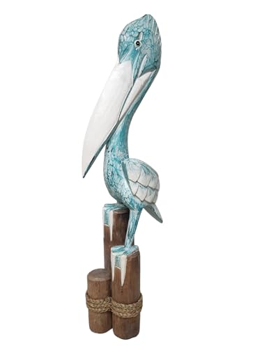 3FT Tall Three Post Blue White WASH Hand Carved Nautical Wood Pelican Statue Carving Sculpture Art 40 in