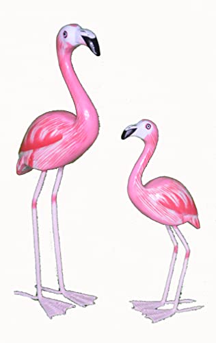 Set of 2 14" and 9.5" Hand Carved Beautiful Wood Metal Pink Flamingo Bird Sculpture Tropical Home Decor