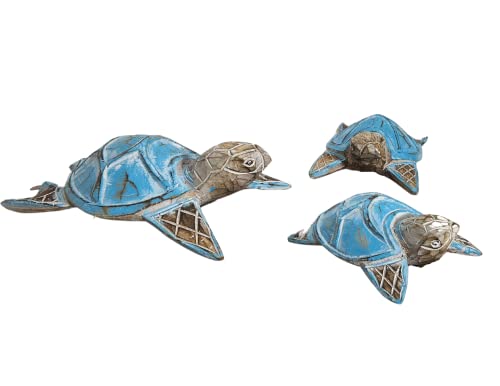 WorldBazzar Hand Carved Set of 3 Turtle Table Top or Wall Art Carving Sculpture Ocean Sea Nautical 3D Coastal Island Tropical Decor