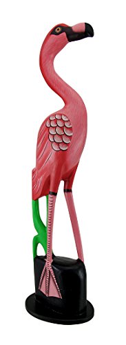 Zeckos Hand Carved Wooden Pink Flamingo Statue