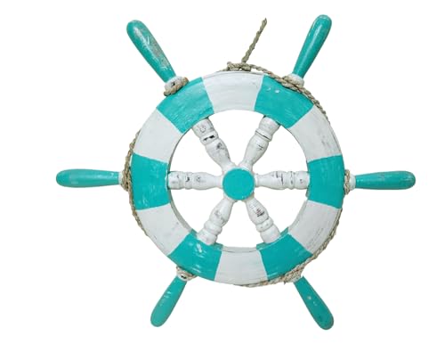 WorldBazzar LG 20" TEAL Hand Carved Wooden SHIP WHEEL Nautical Coastal Chic Wall Decor Tropical Island Art