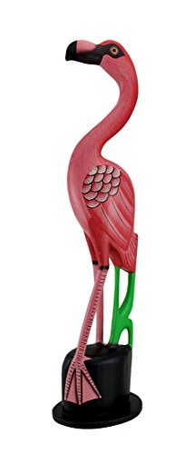 Zeckos Hand Carved Wooden Pink Flamingo Statue