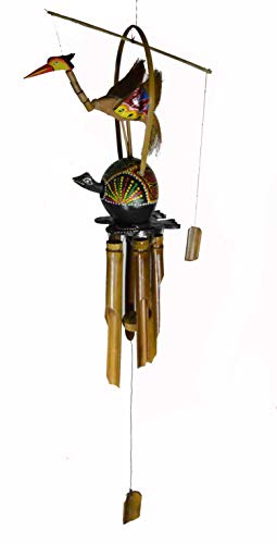 Hand Carved Large Beautiful Bamboo Wood Bobbing GOONIE Bird with Coconut Turtle Wind Chime