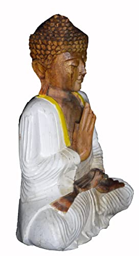 12.5" Wooden Serene Sitting Buddha Statue Handmade Meditating Sculpture Figurine Decorative Home Decor Accent Rustic Handcrafted Art Traditional Modern Contemporary Oriental Decor