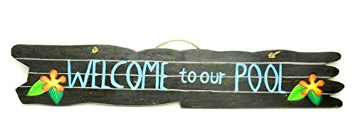 WELCOME TO OUR POOL HIBISCUS FLOAT BEER TIKI BAR WALL TROPICAL SIGN WOOD PARROT