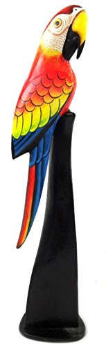 Red Wooden Parrot Sculpture Statue on Post Stand Handmade Tropical African Parrot Head Art