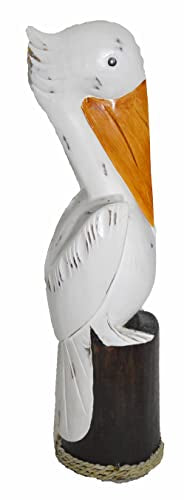 20" White LG Hand Carved Nautical Wood Pelican Statue Carving Sculpture Art