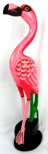 20" Hand Carved Beautiful Wood Pink Flamingo Bird Sculpture Tropical Home Decor