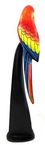 Red Wooden Parrot Sculpture Statue on Post Stand Handmade Tropical African Parrot Head Art