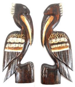 2 Hand Carved Set of Brown Wood Pelicans Wall Art Hang ON Wood Piling, Tropical Nautical Decor