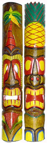 WorldBazzar Set of 2 40 inch Polynesian Hawaiian Tiki Bar Style Wall Masks Island Art, Green, Brown, White, Pink, Yellow, Red