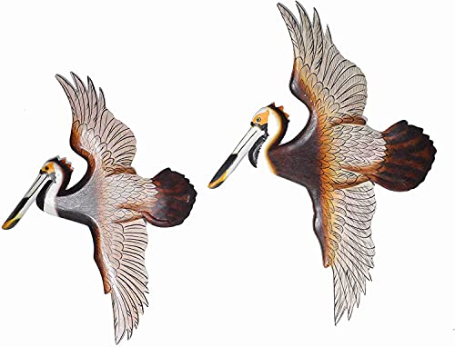 WorldBazzar SET OF 2 Hand Carved Flying Colorful Wood Pelican Wall Art Hang on Tropical Nautical Decor Sign CLEARANCE, WHITE WASH, RUSTIC, GRAY, BLACK, WHITE