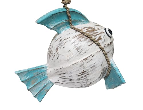 WorldBazzar Beautiful Unique Coconut KOKI Goldfish Blue Wooden Fish Hand Carved Statue Sculpture Art