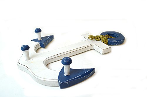 16" Blue and White Hand Carved Wood Ship Anchor with Hooks Nautical Wall Decor Towel Hanger