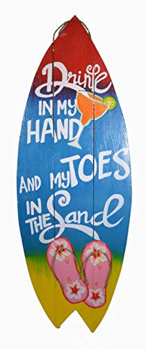WorldBazzar 32" Hand Carved Wooden Drink in My Hand and My Toes in The Sand with Palm Tree Cocktails Drinking Beach Surfboard Sign