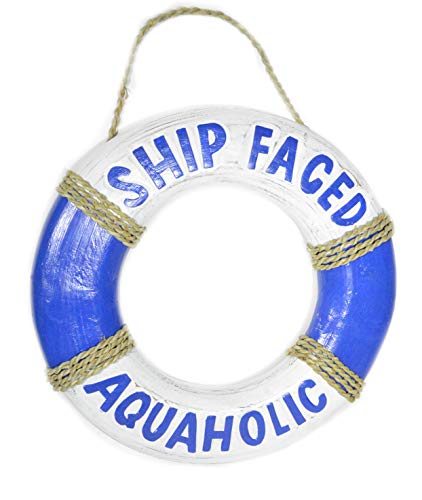 WorldBazzar 15" Hand Carved Lifesaver Buoy Ship Faced Aquaholic Cute Sign White Wash