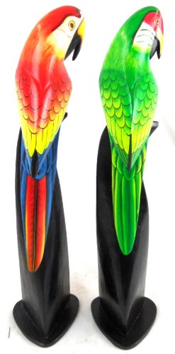 Hand Carved Pair Set of 2 Green and RED Wood Parrots Birds ON Stands