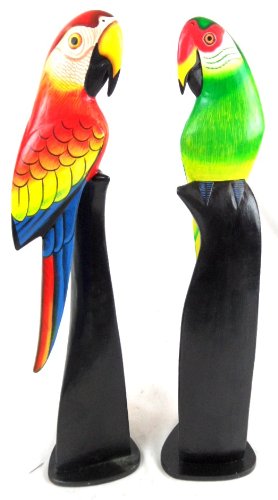 Hand Carved Pair Set of 2 Green and RED Wood Parrots Birds ON Stands
