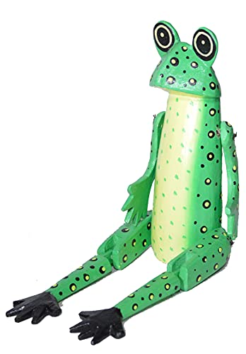Shelf Sitter Green Tree Frog Statue Hand Painted Carved Wood Meditating Yoga Rain Forest