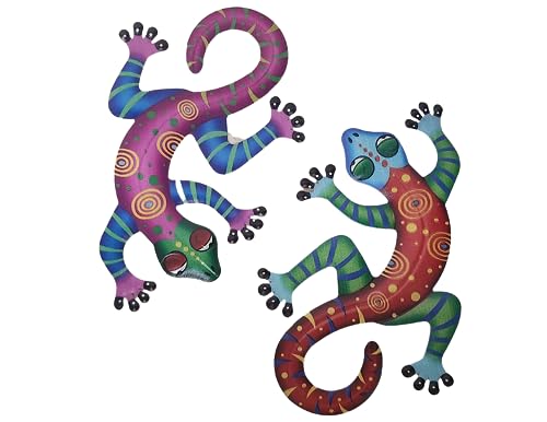 WorldBazzar Set of 2 Beautiful Unique COLORFUL Gecko Lizard Metal Garden Lanai Tropical Island Wall Art