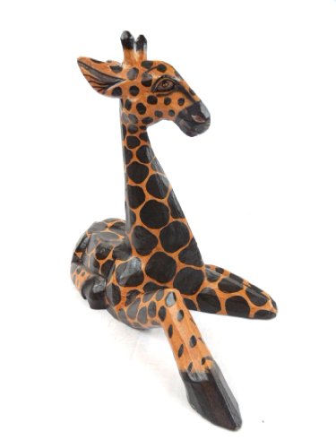 Hand Carved Wooden African Baby Giraffe Statue Laying Down