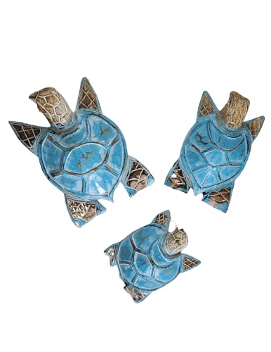 WorldBazzar Hand Carved Set of 3 Turtle Table Top or Wall Art Carving Sculpture Ocean Sea Nautical 3D Coastal Island Tropical Decor