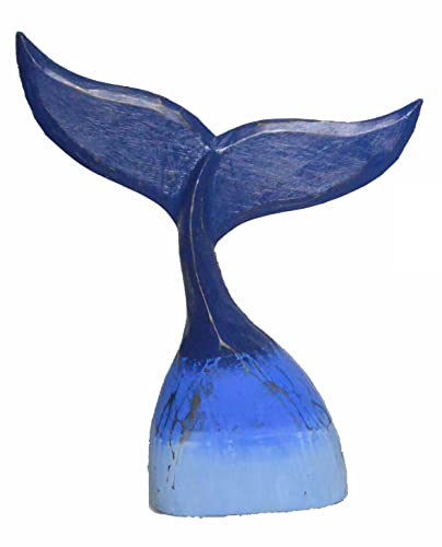Hand Carved Wood Humpback Ombre Blue Whale Tail Table Top Carving Sculpture Ocean Sea Nautical Decor 15.5 Inches