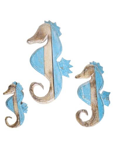 Nautical Set of 3 Seahorses Wooden Wall Art Decor Pallet Blue White Wash Tropical Island Sea Ocean Life