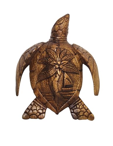 WorldBazzar Large Hand Carved Wooden SEA Turtle with Palm Tree and SAIL Boat Design Nautical Tropical Statue Art