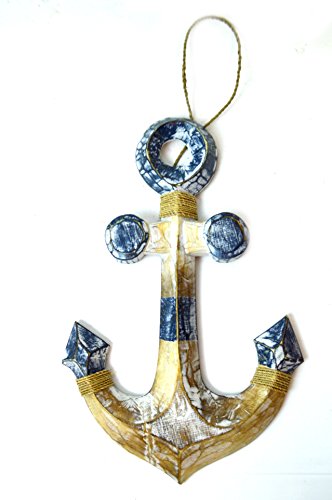15" Blue and White Hand Carved Wood Ship Anchor Nautical Wall Decor