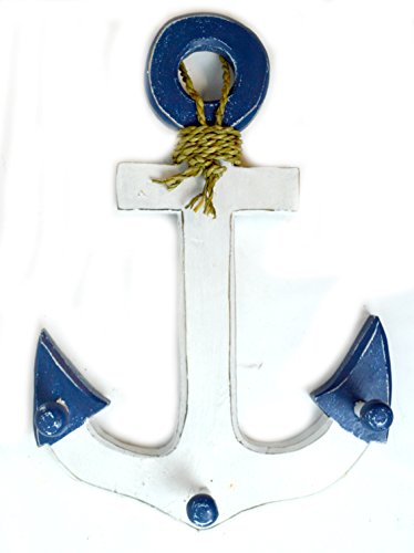 16" Blue and White Hand Carved Wood Ship Anchor with Hooks Nautical Wall Decor Towel Hanger