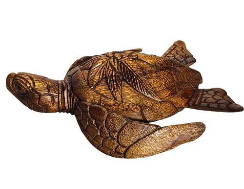 WorldBazzar Large Hand Carved Wooden SEA Turtle with Palm Tree and SAIL Boat Design Nautical Tropical Statue Art