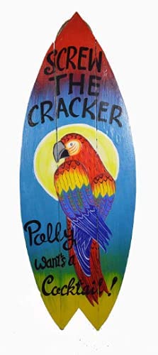 32" NEW SURF Parrot Drinking Screw Cracker Polly Wants Cocktail Surfboard Parrot Sign Style Wall Art