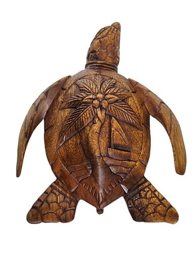 WorldBazzar Large Hand Carved Wooden SEA Turtle with Palm Tree and SAIL Boat Design Nautical Tropical Statue Art