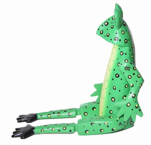 Shelf Sitter Green Tree Frog Statue Hand Painted Carved Wood Meditating Yoga Rain Forest