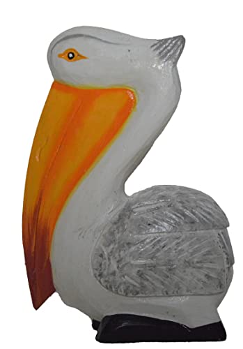 Hand Carved Nautical Wood 10" White Pelican Statue Art Rustic Cottage Look