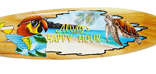 ALWAYS HAPPY HOUR" Beach Parrot Happy Hour Hard Wood Handmade AIRBRUSHED ART Corona Beer Palm Tree 39" Surfboard Sign Wall Plaque Art