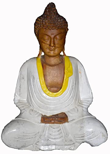 12.5" Wooden Serene Sitting Buddha Statue Handmade Meditating Sculpture Figurine Decorative Home Decor Accent Rustic Handcrafted Art Traditional Modern Contemporary Oriental Decor