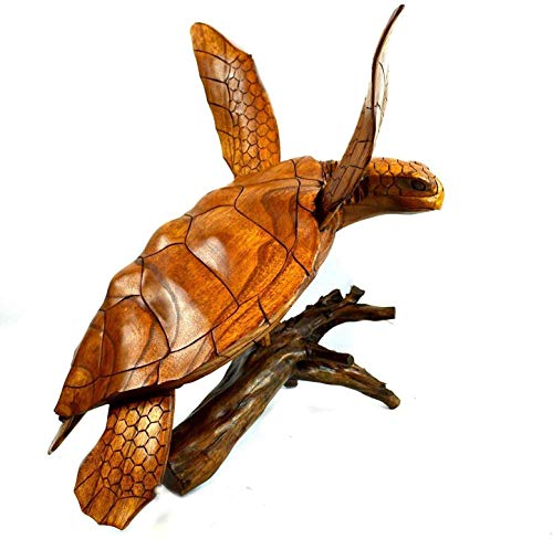 WorldBazzar Beautiful Huge Hand Carved Teak Wood Turtle Ocean Coral Statue One of Kind
