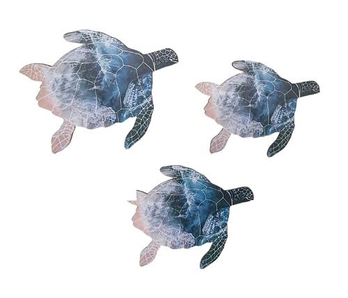 WorldBazzar Hand Carved Set of 3 Ocean Art Turtle Table Top or Wall Carving Sculpture Ocean Sea Nautical 3D Coastal Island Tropical Decor