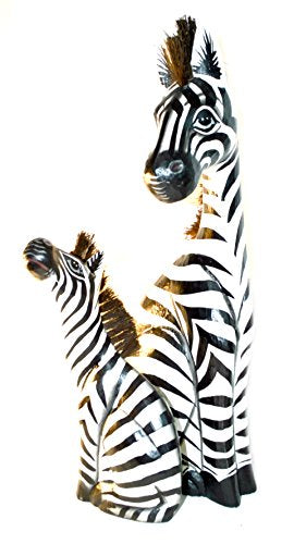 WorldBazzar Hand Carved Wooden Set 2 African Mother Baby Zebra Statue