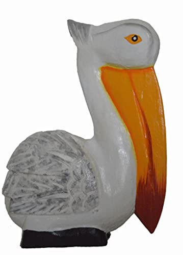Hand Carved Nautical Wood 8.5" White Pelican Statue Art Rustic Cottage Look