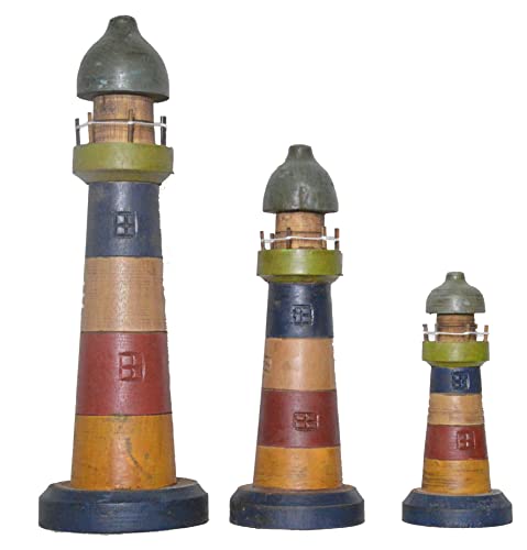New Hand Carved Lighthouse 3 PC Color Design Wood Carving Nautical Statue Kitchen Gadget Sculpture