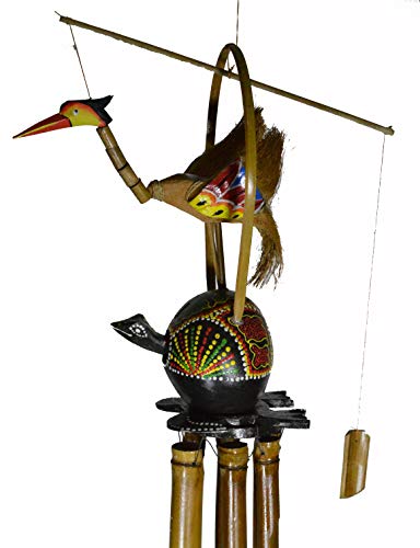 Hand Carved Large Beautiful Bamboo Wood Bobbing GOONIE Bird with Coconut Turtle Wind Chime
