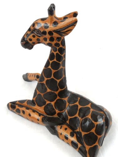 Hand Carved Wooden African Baby Giraffe Statue Laying Down