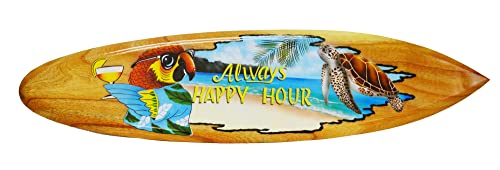 ALWAYS HAPPY HOUR" Beach Parrot Happy Hour Hard Wood Handmade AIRBRUSHED ART Corona Beer Palm Tree 39" Surfboard Sign Wall Plaque Art