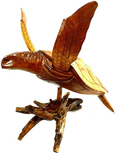 WorldBazzar Beautiful Huge Hand Carved Teak Wood Turtle Ocean Coral Statue One of Kind