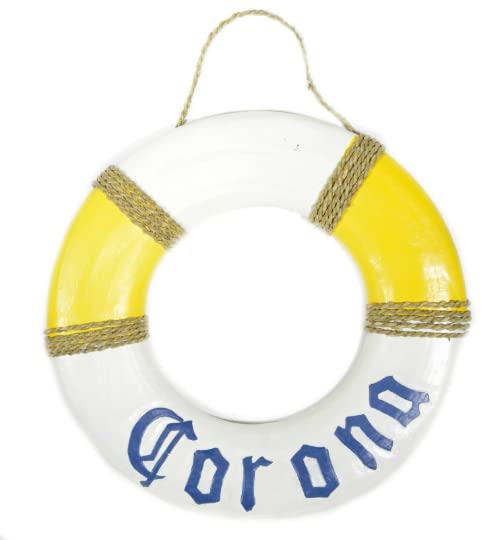 WorldBazzar Hand Carved Blue Letters CORONA Beer Life Ring Buoy Life Saver Wooden Wall Hanging Art Sign Tiki Bar