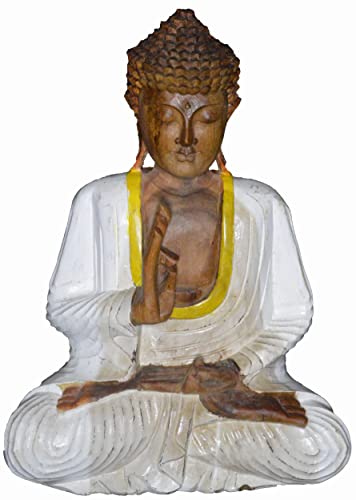 12.5" Wooden Serene Sitting Buddha Statue Handmade Meditating Sculpture Figurine Decorative Home Decor Accent Rustic Handcrafted Art Traditional Modern Contemporary Oriental Decor
